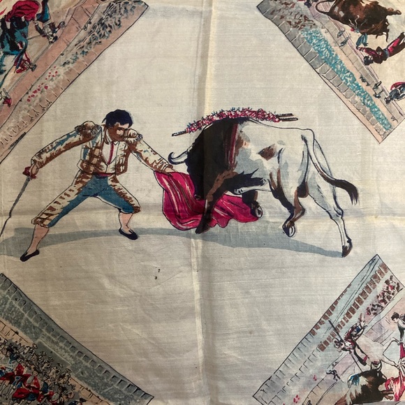 Vintage Silky Scarf with Bullfighting Theme - Picture 2 of 6
